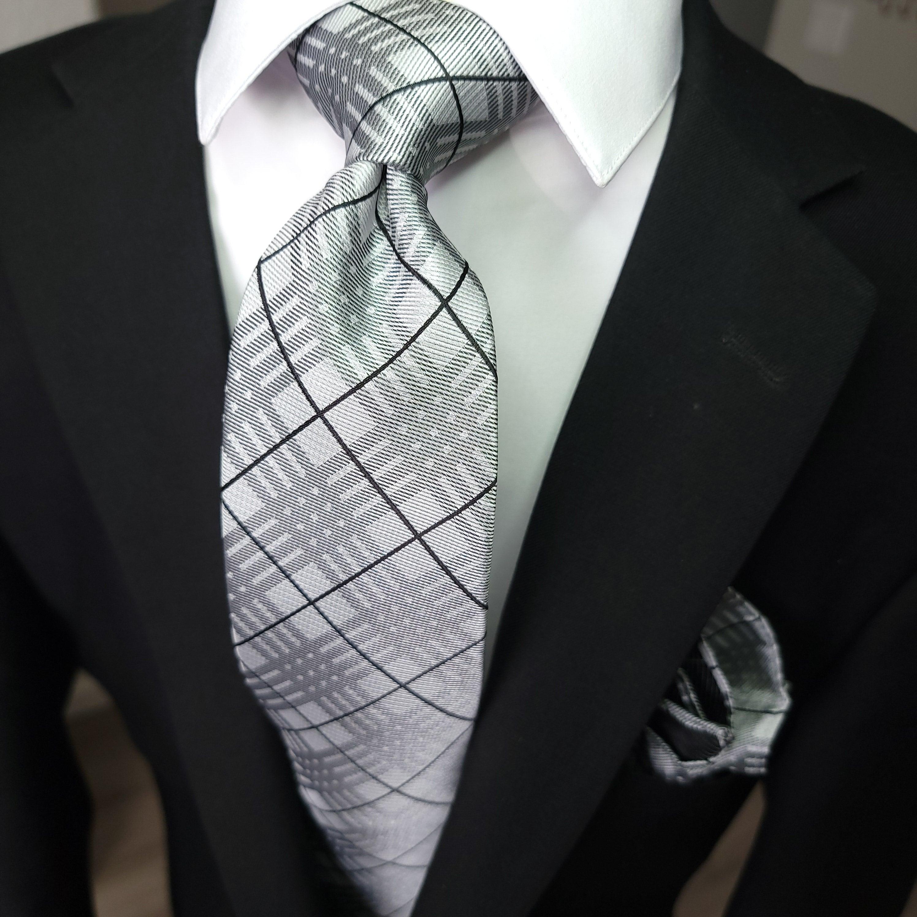 Silver Black Plaid Silk Tie Pocket Square Cufflink Set - STYLETIE