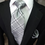 Silver Black Plaid Silk Tie Pocket Square Cufflink Set