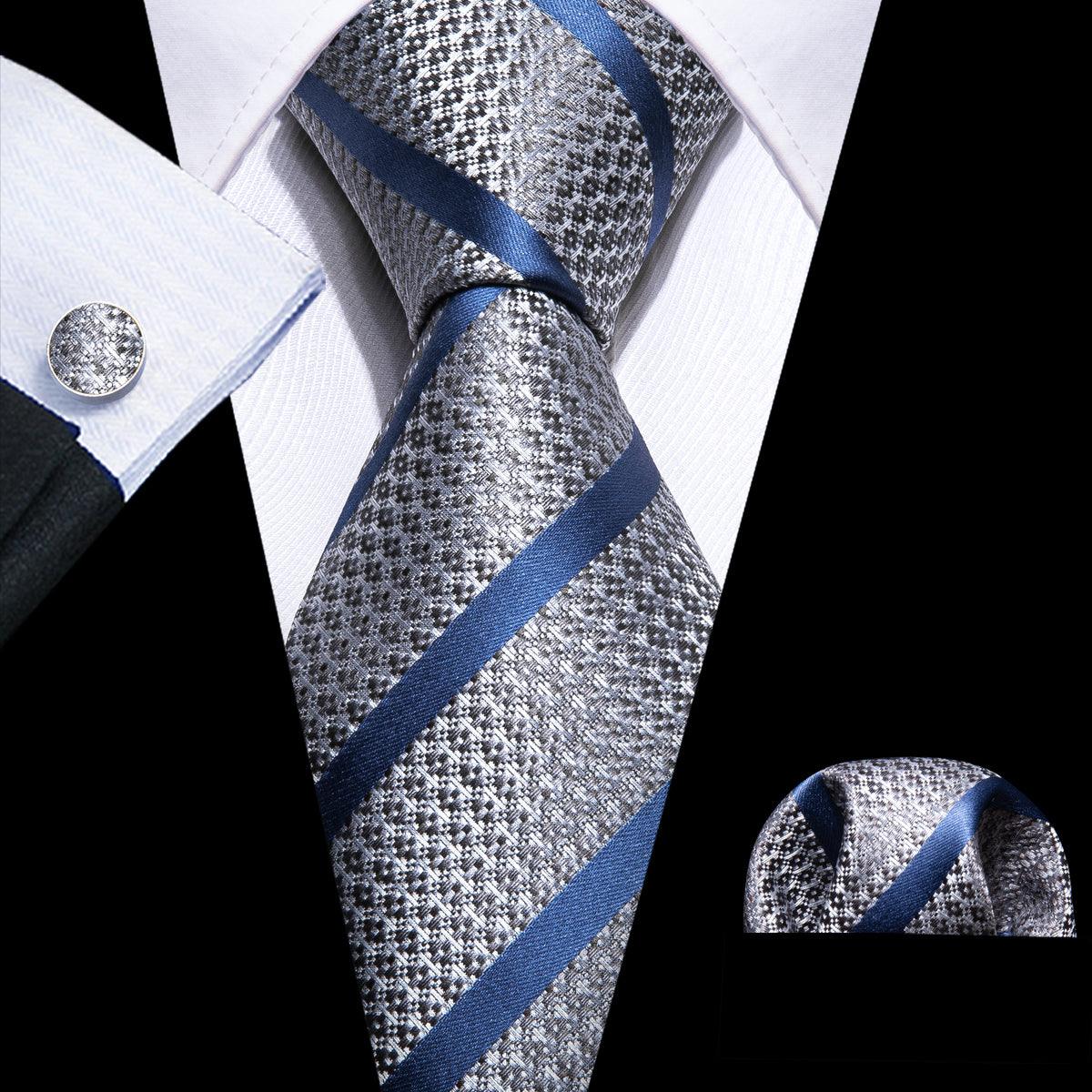Silver Blue Striped Silk Tie Pocket Square Cufflink Set - STYLETIE
