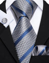Silver Blue Striped Silk Tie Pocket Square Cufflink Set - STYLETIE