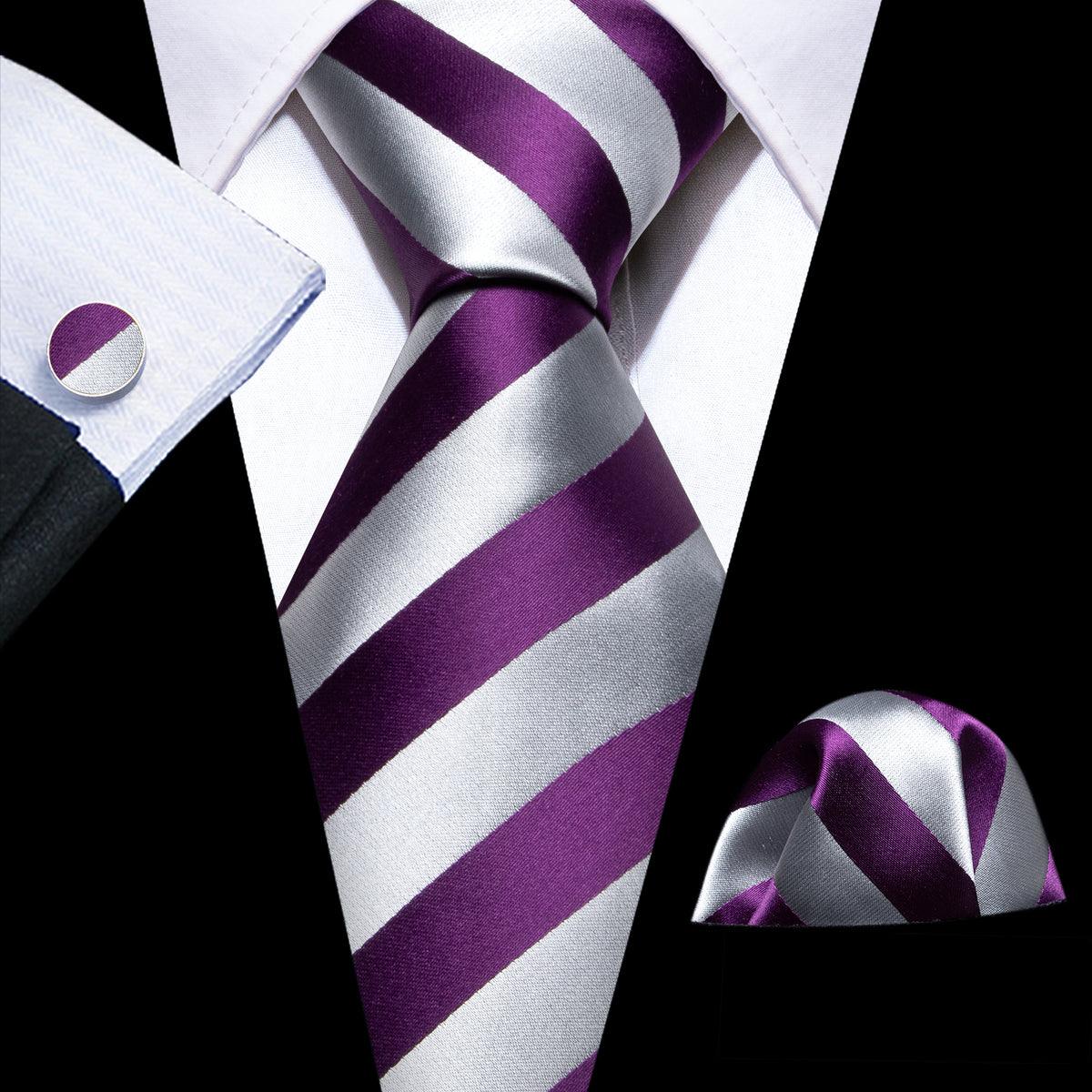 Silver Gray Stripe Silk Tie Pocket Square Cufflink Set - STYLETIE