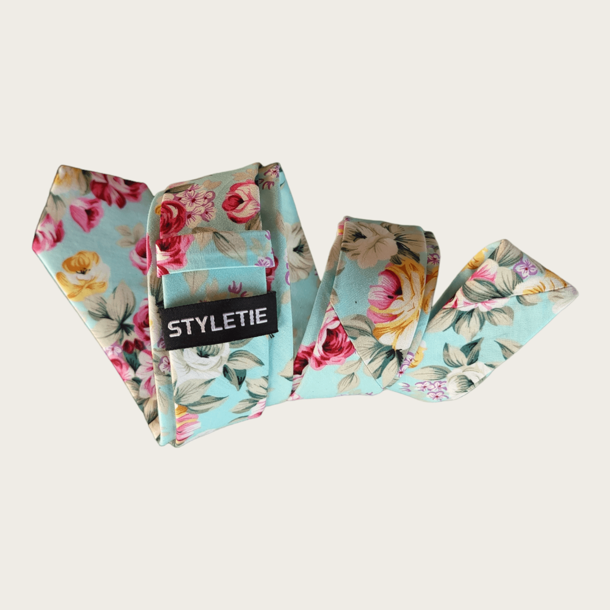 Sky Blue Sage Green Rose Floral Slim Tie Pocket Square Set - STYLETIE