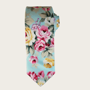 Sky Blue Sage Green Rose Floral Slim Tie Pocket Square Set - STYLETIE
