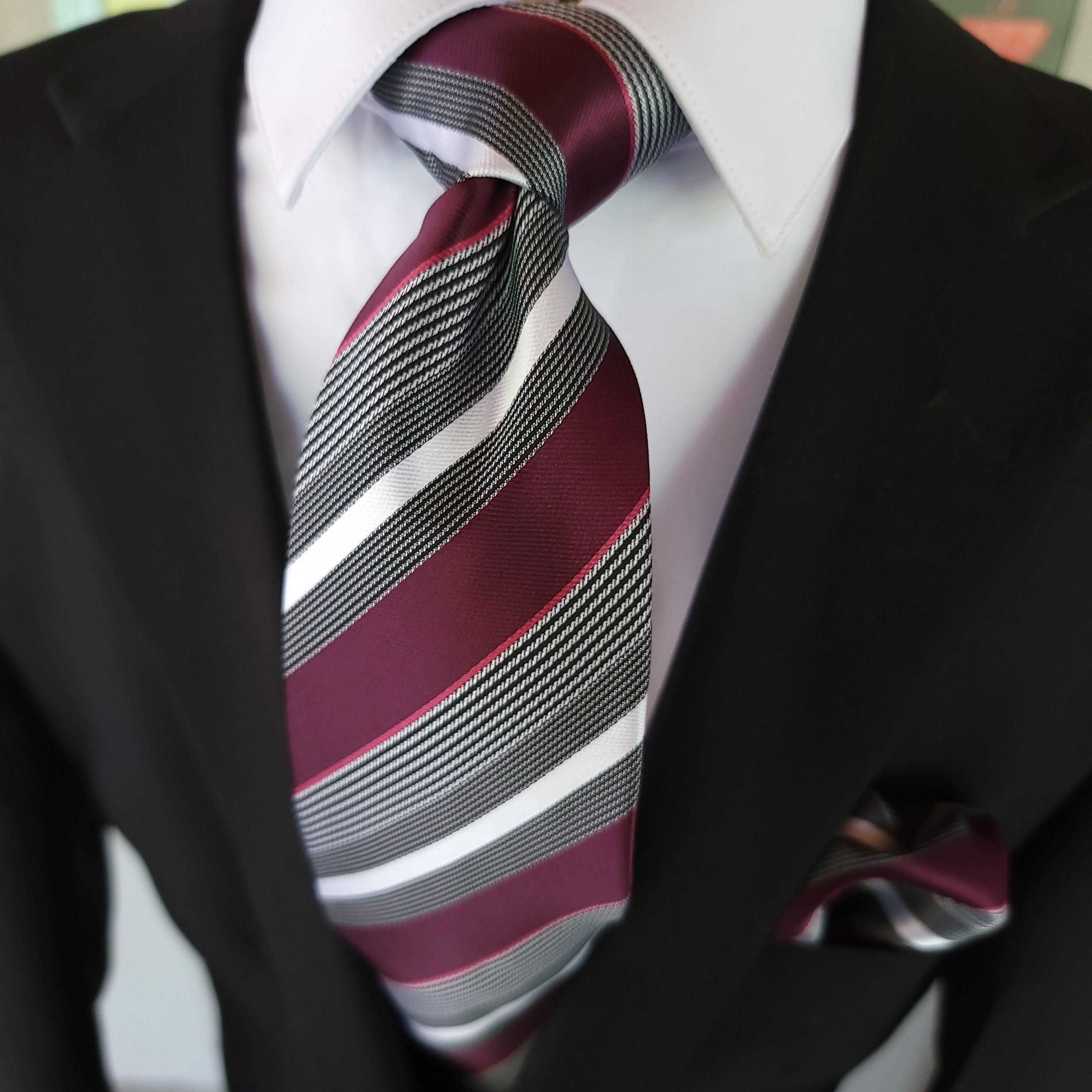 Striped Red Wine White Silk Tie Pocket Square Cufflinks Set - STYLETIE
