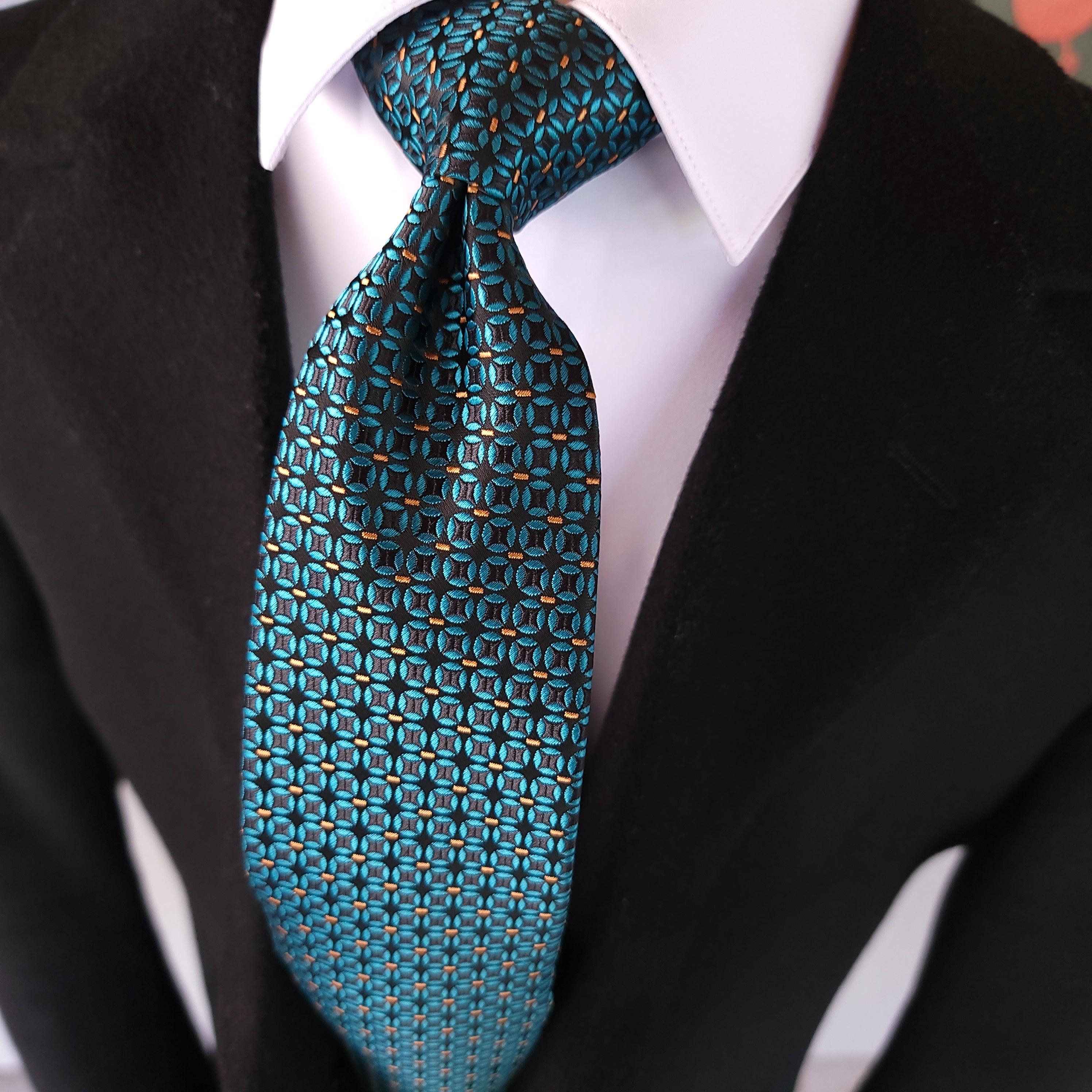 Teal Blue Geometric Silk Tie Pocket Square Cufflink Set - STYLETIE