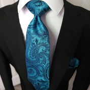 Teal Blue Paisley Silk Tie Pocket Square Cufflink Set - STYLETIE