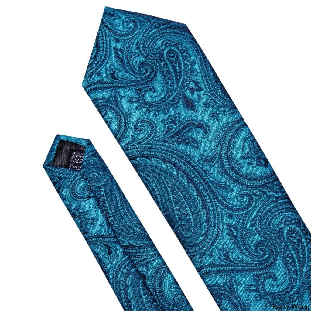 Teal Blue Paisley Silk Tie Pocket Square Cufflink Set - STYLETIE