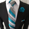 Teal Blue White Striped Tie Pocket Square Cufflinks Set - STYLETIE