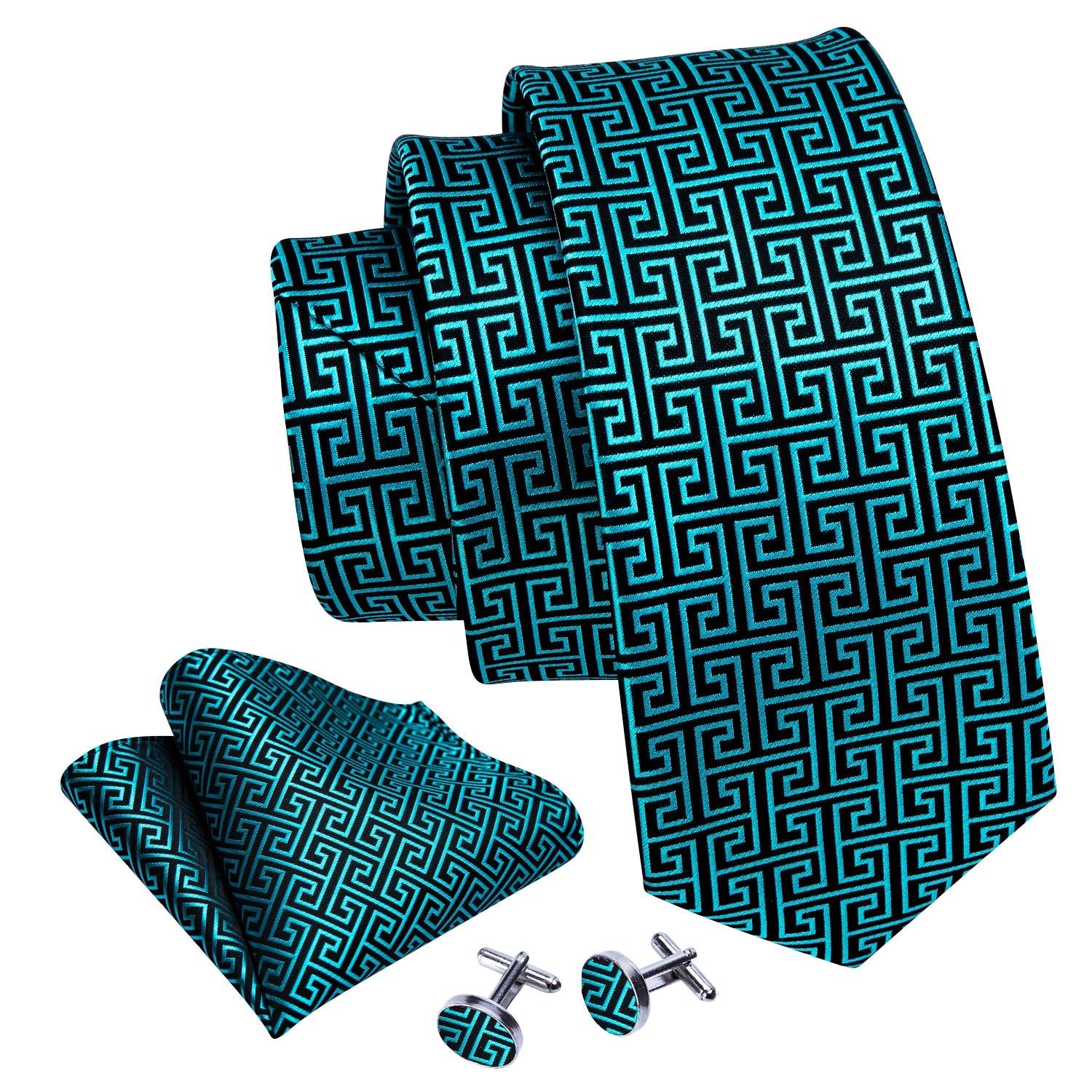 Teal Geometric Silk Tie Pocket Square Cufflink Set - STYLETIE