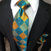 Teal Green Plaid Silk Tie Pocket Square Cufflink Set - STYLETIE