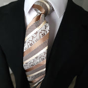 Tie Brown Gold Stripes Jacquard Necktie Hanky Cufflink Set - STYLETIE