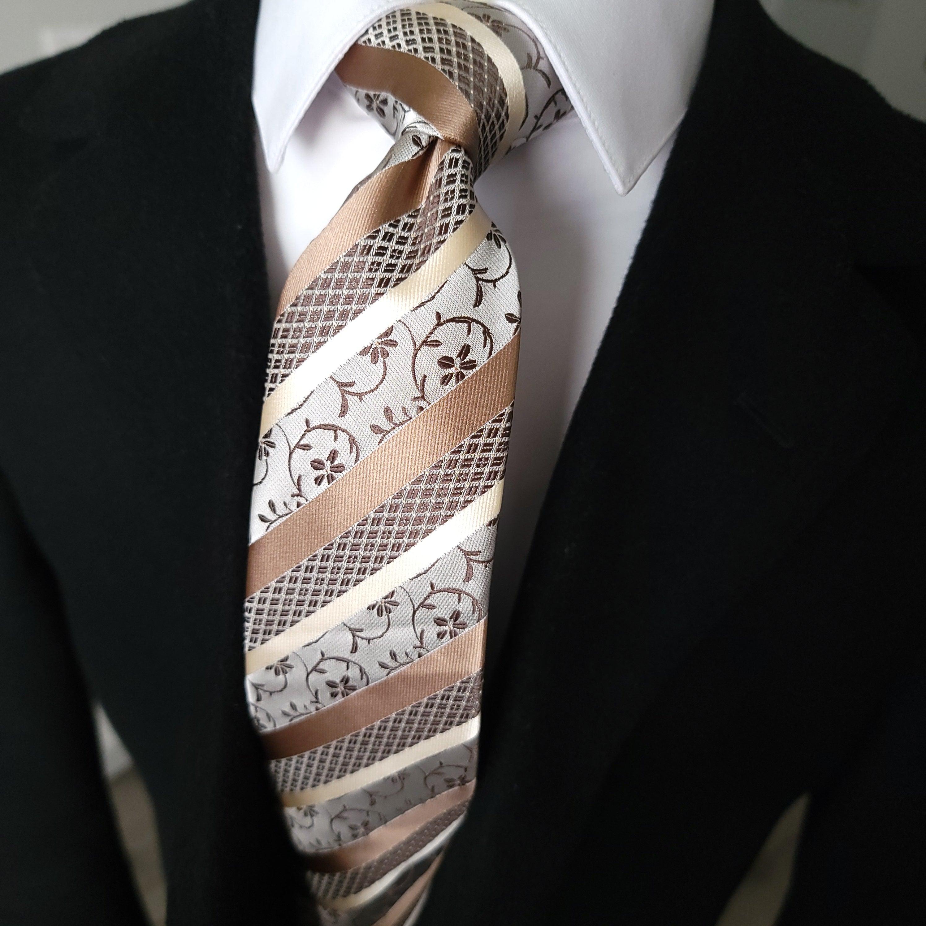Tie Brown Gold Stripes Jacquard Necktie Hanky Cufflink Set - STYLETIE