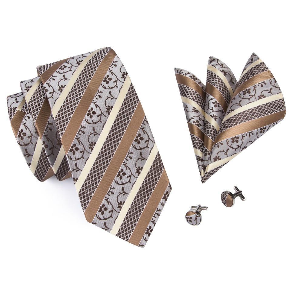Brown Gold Stripes Jacquard Necktie Hanky Cufflink Set