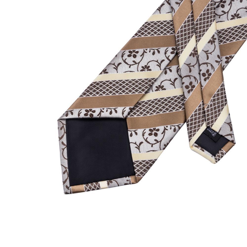 Brown Gold Stripes Jacquard Necktie Hanky Cufflink Set