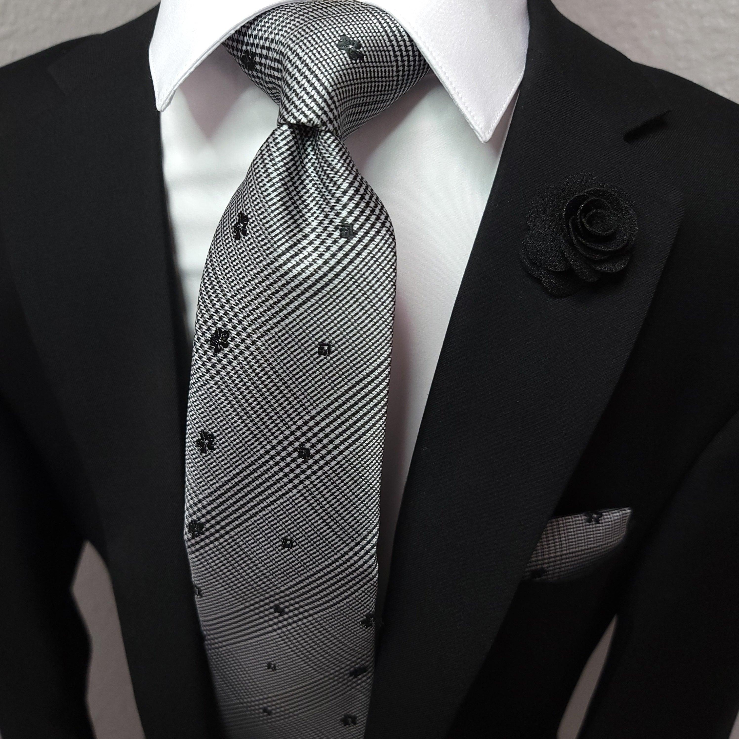 White Black Plaid Silk Tie Pocket Square Cufflink Set - STYLETIE