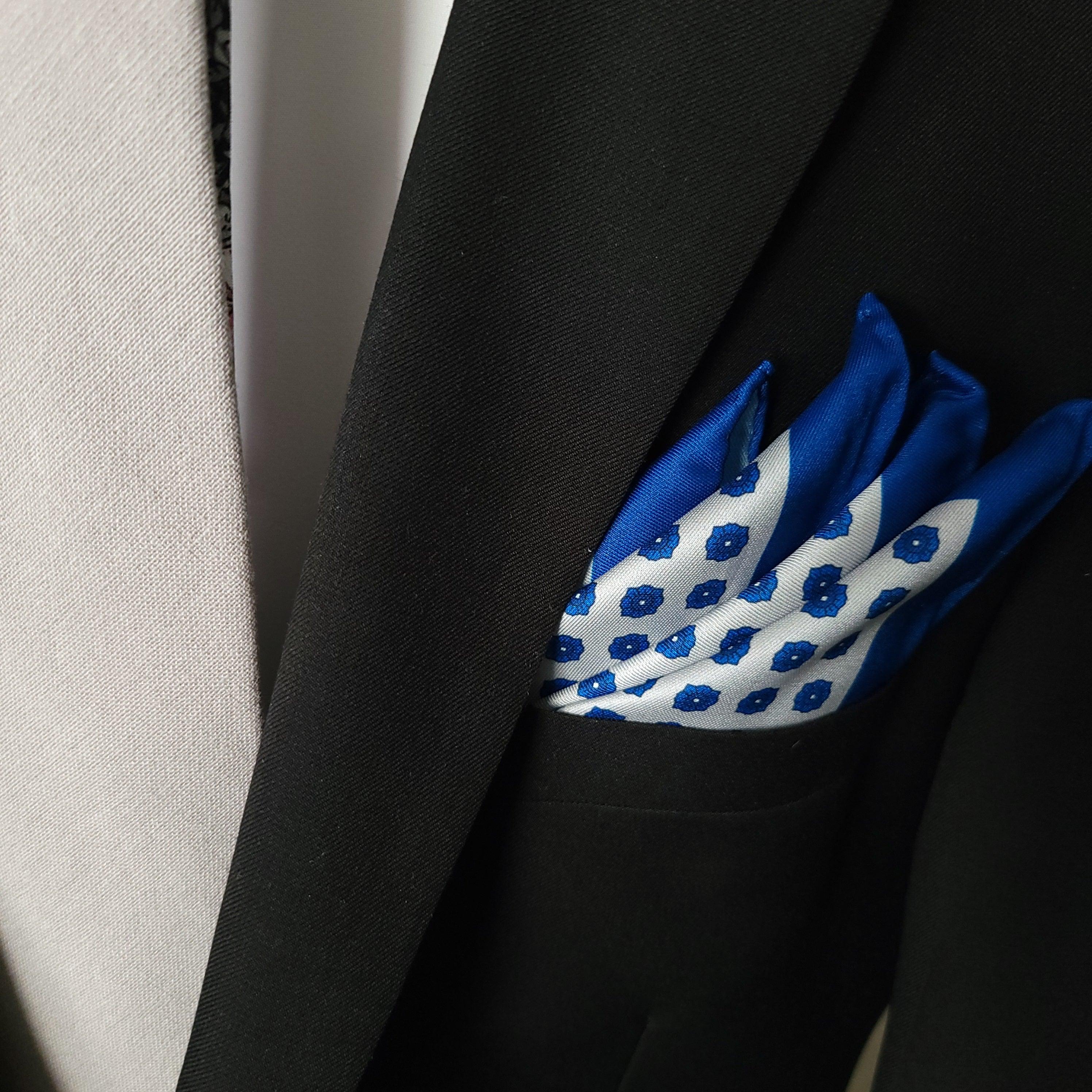 White Blue Floral Stylish and Elegant Silk Pocket Square - STYLETIE