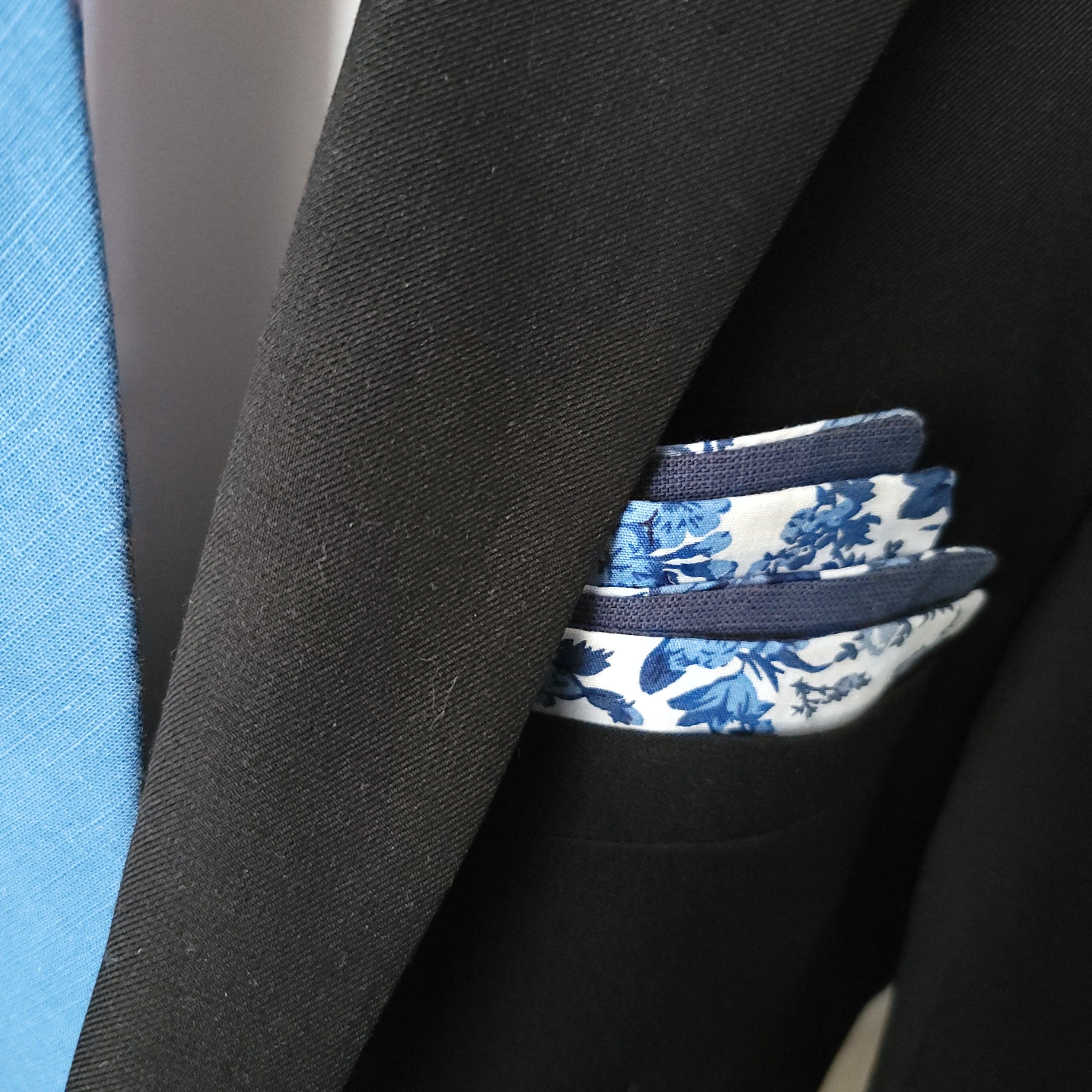 White Navy Blue Floral Reversible Pocket Square - STYLETIE