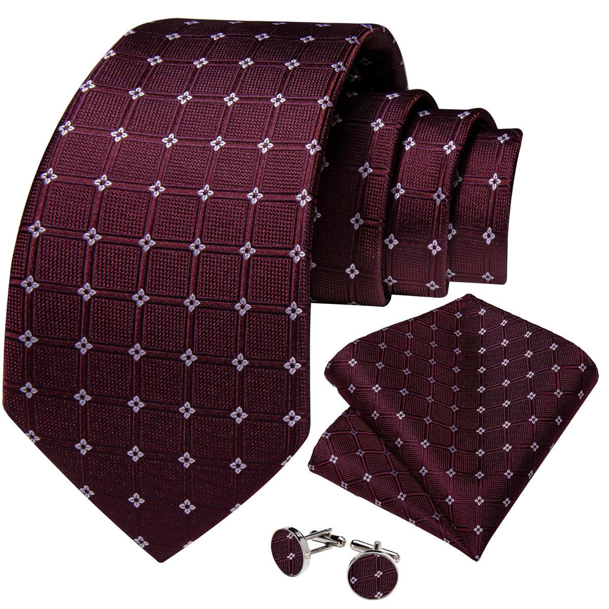 Wine Red Plaid Floral Silk Tie Pocket Square Cufflink Set - STYLETIE
