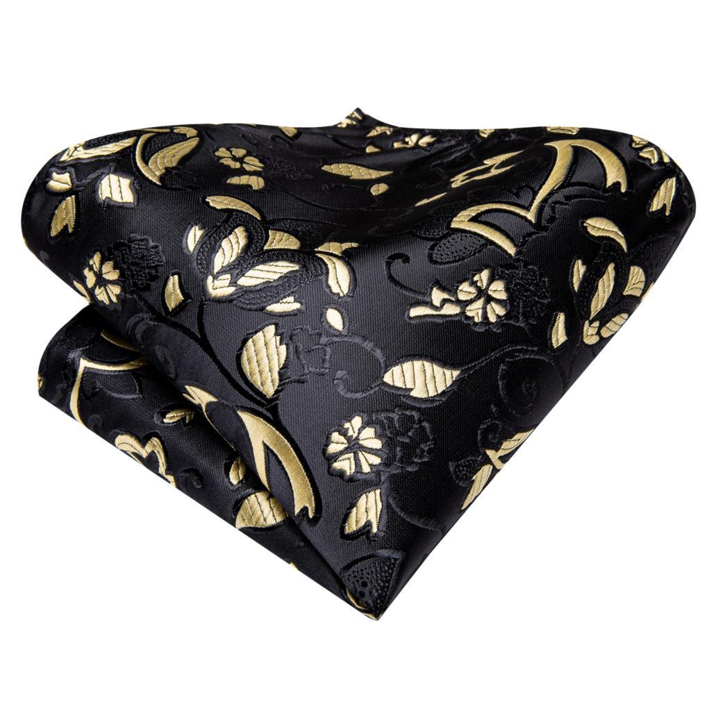 Yellow Black Floral Silk Tie Pocket Square Cufflink Set - STYLETIE