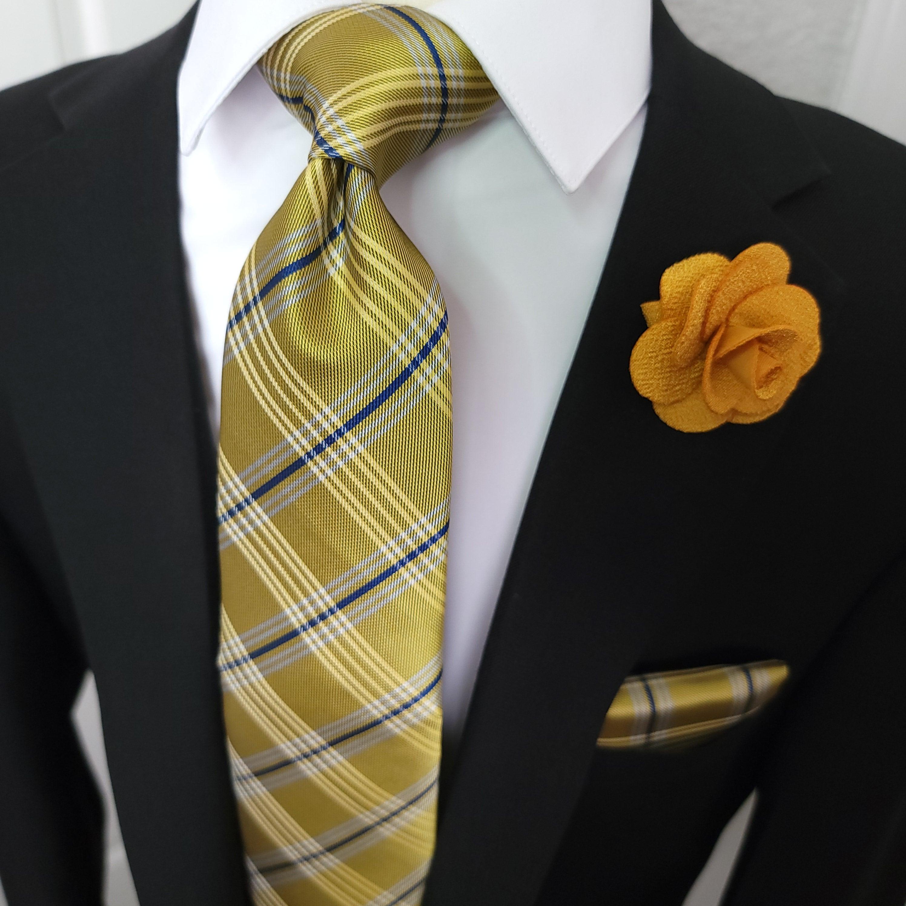Yellow Black striped Silk Tie Pocket Square Cufflink Set - STYLETIE