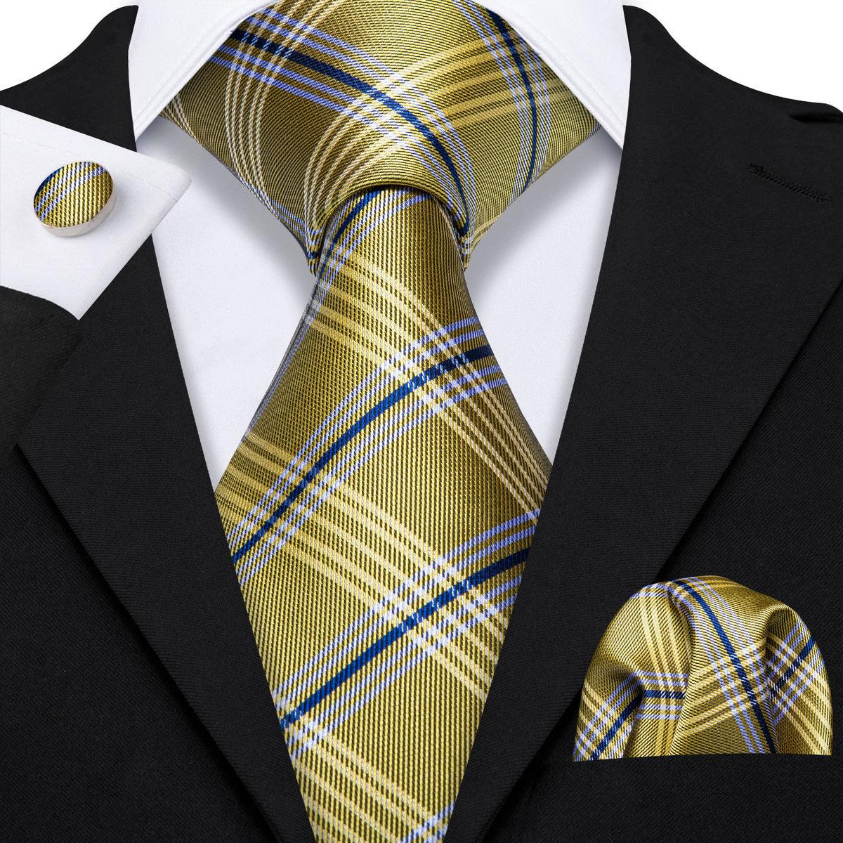 Yellow Black striped Silk Tie Pocket Square Cufflink Set - STYLETIE
