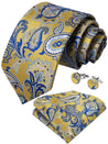 Yellow Blue Paisley Silk Tie Pocket Square Cufflinks Set - STYLETIE