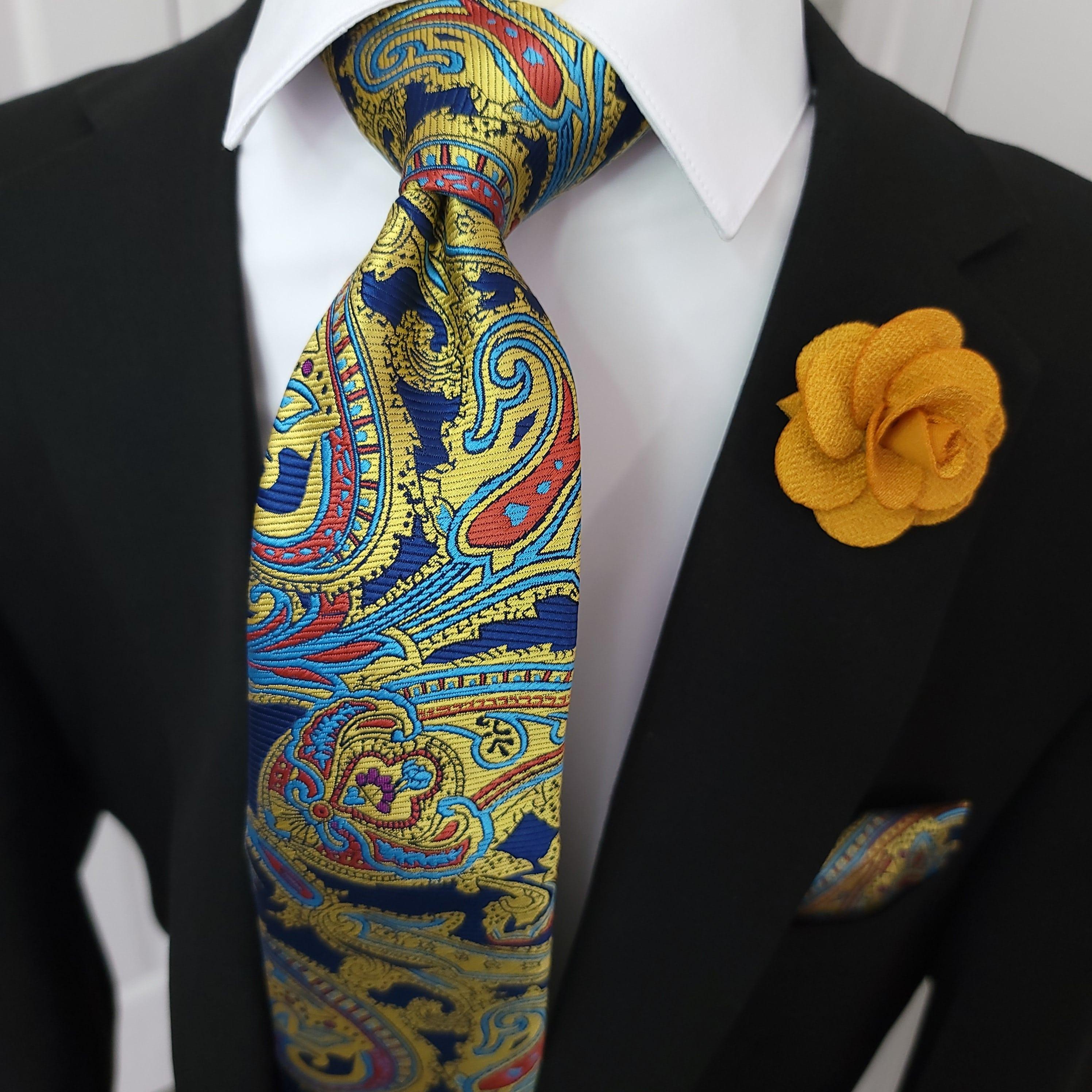 Yellow Blue Red Paisley Silk Tie Pocket Square Cufflink Set - STYLETIE