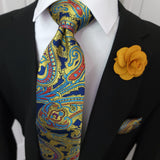 Yellow Blue Red Paisley Silk Tie Pocket Square Cufflink Set