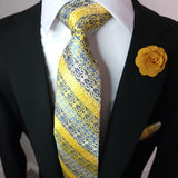 Yellow Blue Striped Silk Tie Pocket Square Cufflinks Set