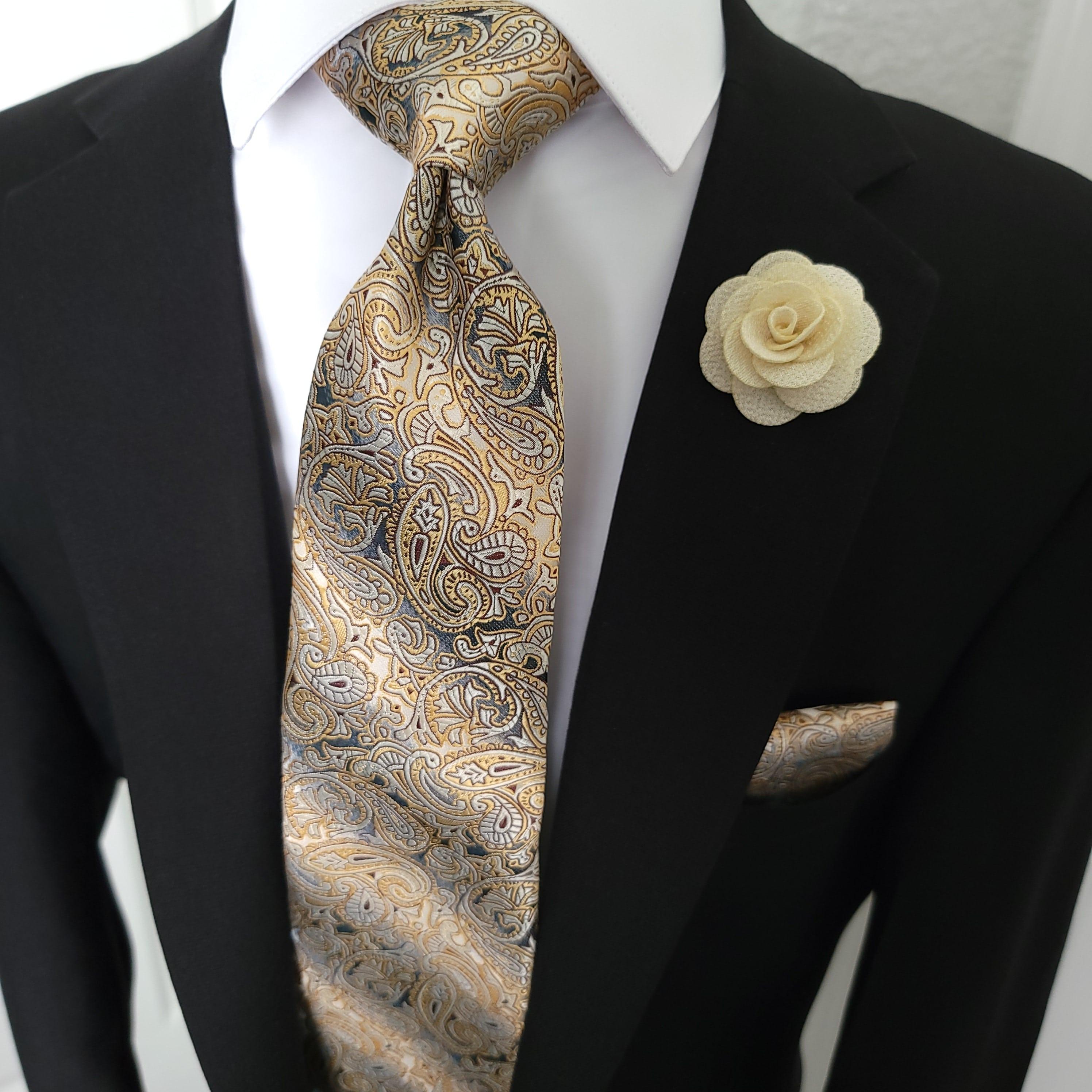Yellow Brown Paisley Silk Tie Pocket Square Cufflinks Set jw - STYLETIE