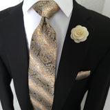 Yellow Brown Paisley Silk Tie Pocket Square Cufflinks Set jw