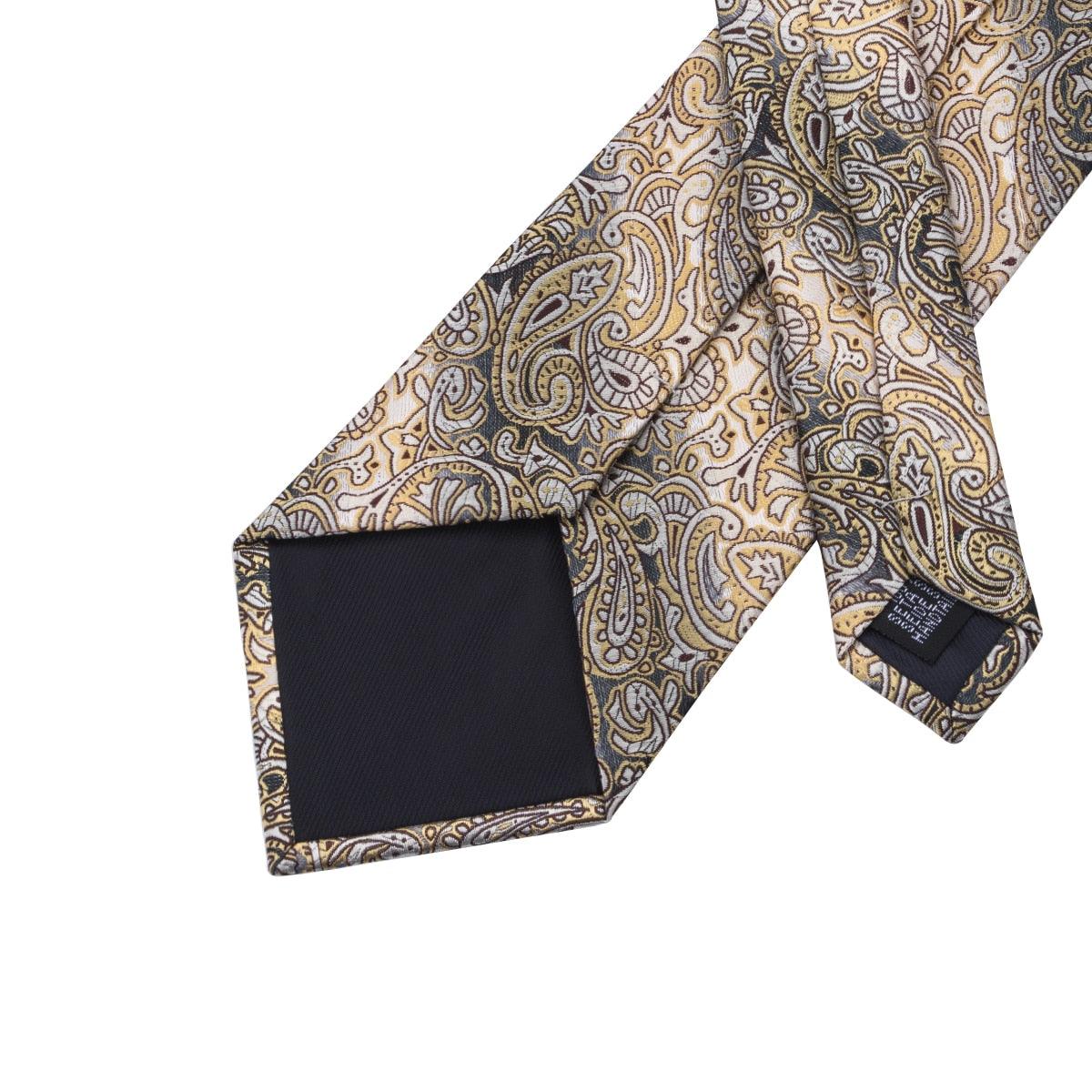 Yellow Brown Paisley Silk Tie Pocket Square Cufflinks Set jw - STYLETIE