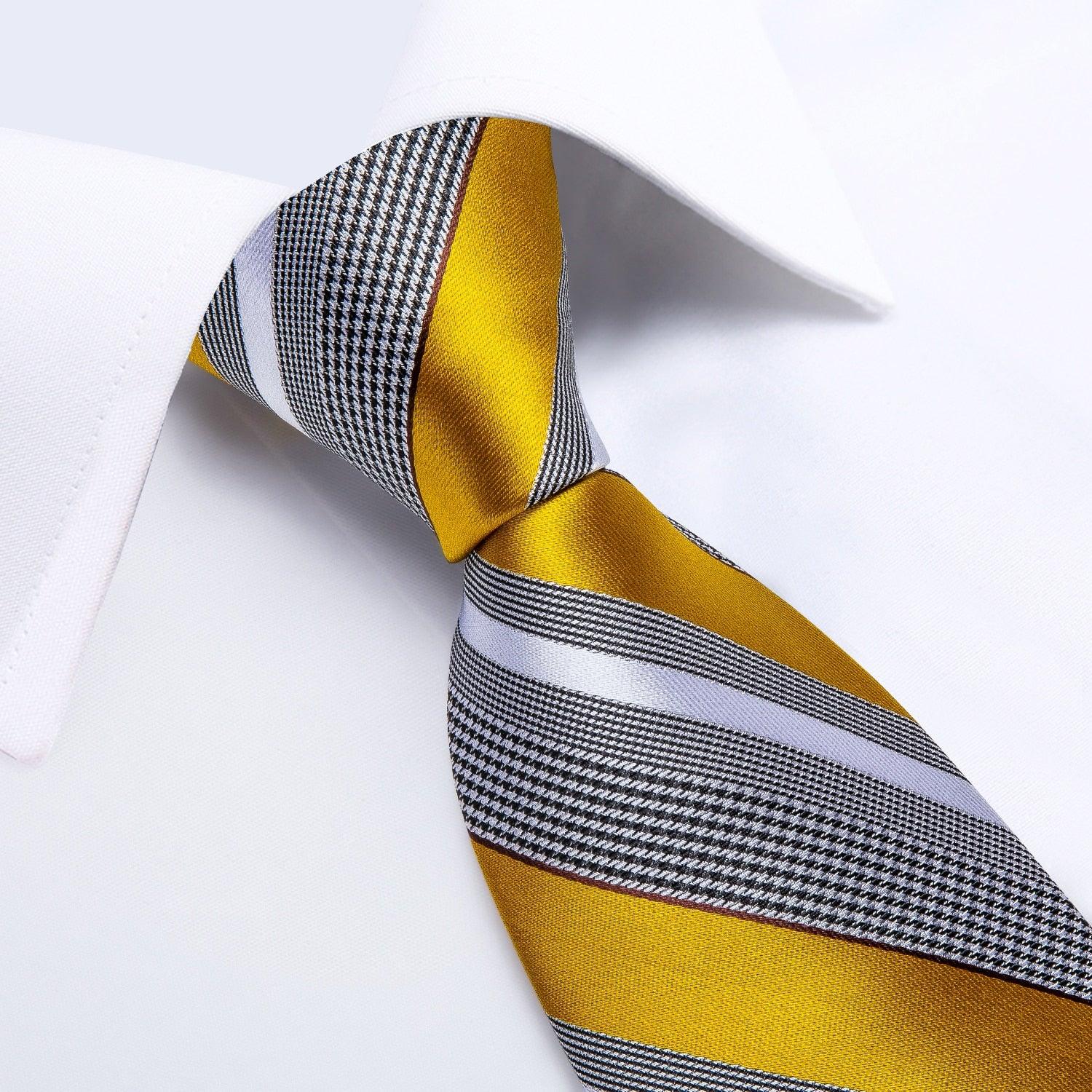 Yellow White Striped Silk Tie Pocket Square Cufflinks Set - STYLETIE